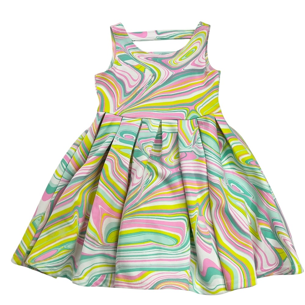 Multicolor Marble Swirl Cutout Back Dress Kids 6X Psychedelic Pleated